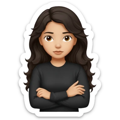 Hispanic girl dark long wavy hair crossing her arms with slight pout wearing a black long sleeve shirt sticker