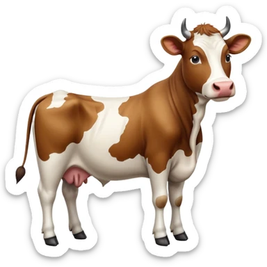 cinematic-[brown and white cow]-realistic-full-body-standing-emoji,-tail-flicking-lazily,-head-tilted-dramatically,-sleek-[brown and white]-coat,-simplified-yet-realistic-focused-features,-highly-detailed,-glowing-with-an-almost-sarcastic-glow sticker