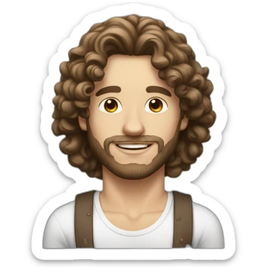 white skin men with long brunette curly hair with a perfum bottle sticker