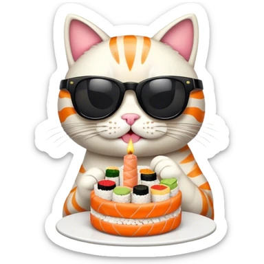 cool cat wearing sunglasses eating a birthday cake made out of sushi sticker