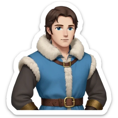 Medieval winter outfit worn by a DnD themed fantasy male character. Thick charcoal wool tunic with fur-lined collar and cuffs, layered over a thermal linen undershirt, secured with a wide leather belt with brass fittings. Clothes only above the waist, full waist coverage. The character has no arms. Character is white-skinned with dark chestnut hair, ice-blue eyes, and shoulder-length straight hair partially tucked into the fur collar. sticker
