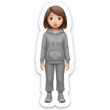 Chica grande  asustada de cuerpo completo mirado a la izquierda con pelo castaño pantalones grises y hoodie gris  sticker