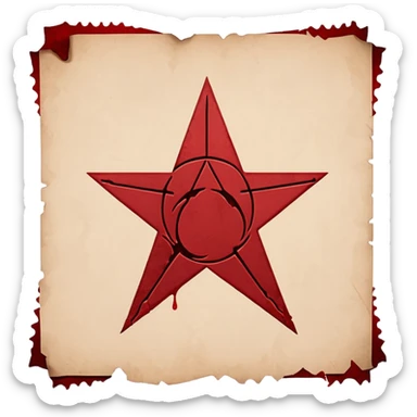 Minimalist emoji-style sticker of a blank torn contract with a pentagram stamp and drop of muted red ink. Gothic feel, flat design.
 sticker