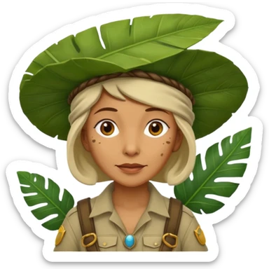 a old female explorer with jungle wearing a large leaf headgear bye  sticker