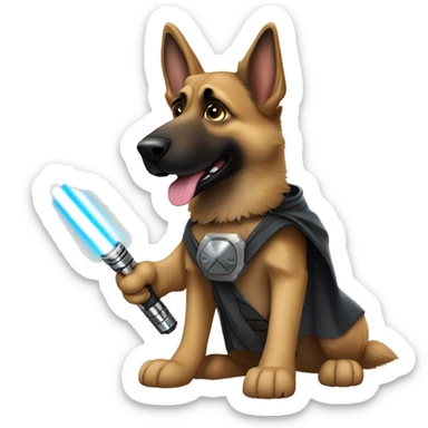 German shepherd dressed as Luke skywalker with a light saber sticker