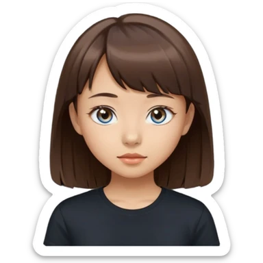 a girl with narrow Asian blue eyes, brown hair, and a small bang below her shoulders, wearing a black T-shirt sticker