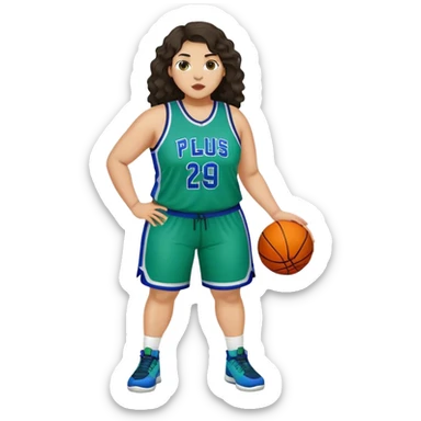 full body plus size light skin latino women basketball player with wavy dark hair large wide nose wearing blue with green uniform sticker