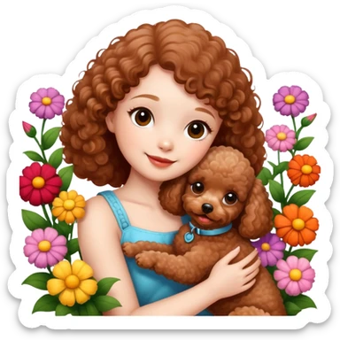 A beautiful girl happily hugs a brown toy  poodle in the flowers sticker