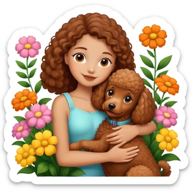 A beautiful girl happily hugs a brown poodle in the flowers sticker