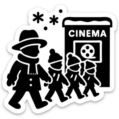 A group of school children walking to a movie theater in winter, inspired by Paddington Bear sticker
