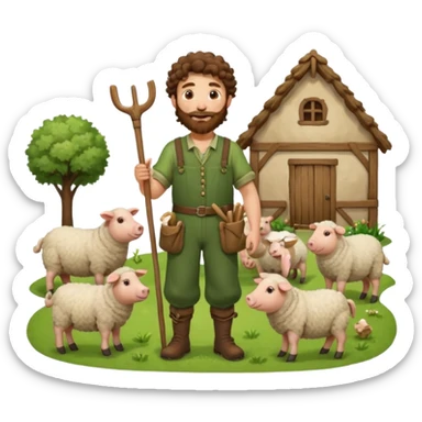 happy shepard with long curly brown beard and long curly brown hair, in green village outfit, with wooden shepard stick in hands, taking care of sheep and pigs sticker