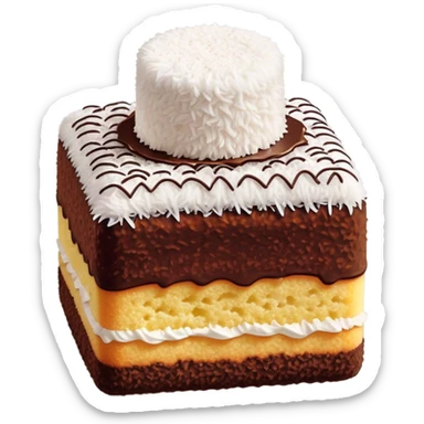 Lamington Cinematic Realistic Lamington Dessert Emoji, depicted as a sponge cake square coated in chocolate and dusted with coconut on all sides, rendered with lifelike textures and vibrant, tropical lighting. sticker
