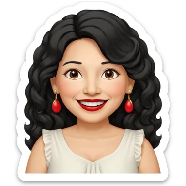 60 yr old peruvian woman, slightly chubby, wavy/curly long black hair, red lipstick, big smile, white teeth, brown eyes, hoop earings, side part to hair, round face, pretty white dress, hair side swept sticker