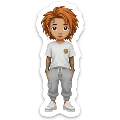 Lightskin dread head with tattoos and stud earrings and ginger/brown hair wearing white tee and grey sweatpants , a chain, and slides  sticker