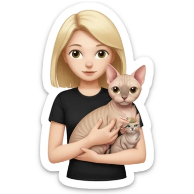 A white girl with light hair in black T-shirt is holding one Sphynx girl cat in her arms sticker