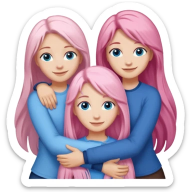 Girlfriend emoji - include 1 white girl with long light pink hair and blue eyes, one white girl with blue eyes and light blonde hair, and 2 white girls with brown eyes and long dark brown hair. They are smiling and hugging sticker