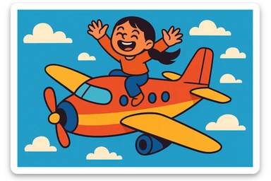 a girl joyfully riding on top of a flying airplane, whimsical and fun, blue sky sticker