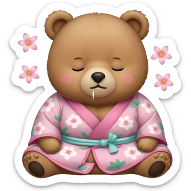 A cute chubby light-brown bear wearing a pastel pink sakura-patterned kimono, tiny body and big round head, adorable simple face, sleepy half-closed eyes, small blush on cheeks, sitting while dozing off, tiny “zzz” floating above the head sticker