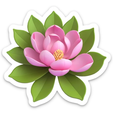3D icon of a magnolia blossom, pink-tinted petals, glossy green leaves, modern look sticker