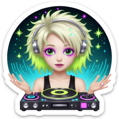  hard-techno-rave-fairy,-holding-a-dj-turntable,-wild-hair,-neon-sparkles,-minimal-background sticker