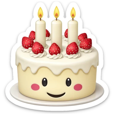 Jellycat vanilla cake with white frostting and strawberries on top with one candle with smiley face sticker