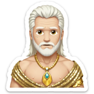 Odin with white hair, white sequin loincloth, shirtless with necklace sticker
