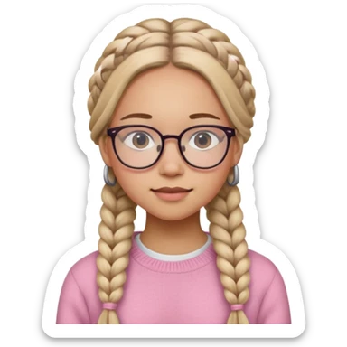 black cute young adult girl with classes and braids that are long , and some blush, in a pink sweater  sticker