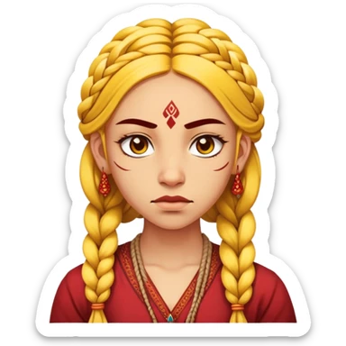 nữ 25 tuổi, da vàng, tóc tết buộc dài, có chấm đỏ bindi trên trán, mặt cáu  sticker