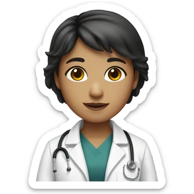 A girl with short brown hair and bangs,, white skin, wearing a black scrub with a lab coat  sticker
