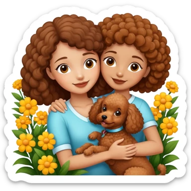 A beautiful girl happily hugs a brown poodle in the flowers sticker