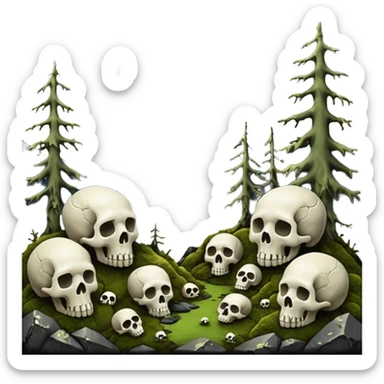 A surreal Alaskan night scape with mountains moss and moss covered trees with skulls coming out of the ground sticker