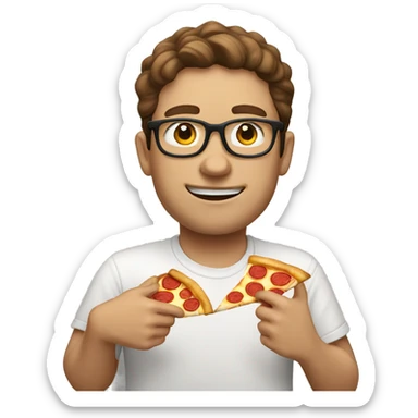 White nerd with brown hair eating pizza sticker
