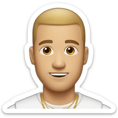 white male with brown hair buzz cut wearing gold chain sticker