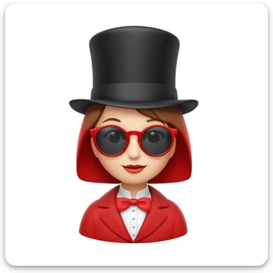 3D apple-style emoji of a whimsical character inspired by the uploaded photo, simplified shapes, cartoon-like look, glossy finish, soft shadows, white background, tall top hat with ribbon, large round white sunglasses, short brown bob haircut, elegant collar, red coat, playful and iconic sticker