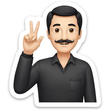 Hombre de 65 año de pelo negro y bigote blanco sonriendo con nariz prominente y los de dedos de la mano derecha en "v" vestido de traje de cuerpo entero sticker