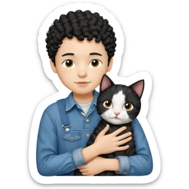 Apple emoji of a 13 year old boy with short black curly hair and dark brown eyes of light skin with denim shirt and overalls hugging a black and white cat sticker