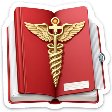 Medical textbook with red cover, caduceus symbol, open to a page showing anatomy sticker