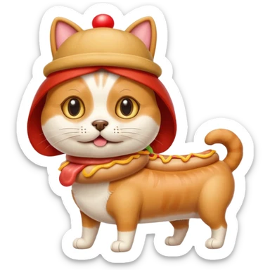 A cat with a dog costume with a hotdog hat  sticker