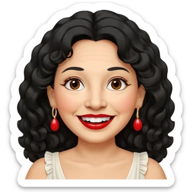 60 yr old peruvian woman, slightly chubby, wavy/curly long black hair, red lipstick, big smile, white teeth, brown eyes, hoop earings, side part to hair, round face, pretty white dress sticker