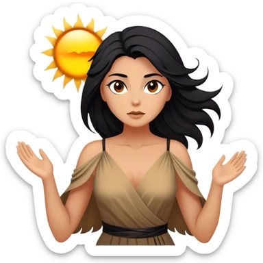 Cinematic Stunning Pocahontas Portrait Emoji, Windswept raven hair flowing behind her, deep brown eyes filled with wisdom and strength, glowing sun-kissed skin, wearing her elegant tan dress, the spirit of the wild in her expression, breathtakingly majestic! sticker