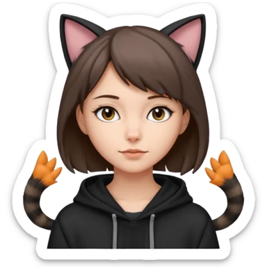 a girl with short brown hair, grey cat ears and a tail, with a black hoodie on  sticker