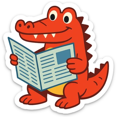 red crocodile reading a newspaper, playful style sticker