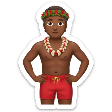 50 year old dark Hawaiian surfer with red shorts and a shell lei surfer  sticker