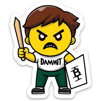 angry face with cursing symbols over the mouth, holding a protest sign that says 'Dammit Becca' sticker