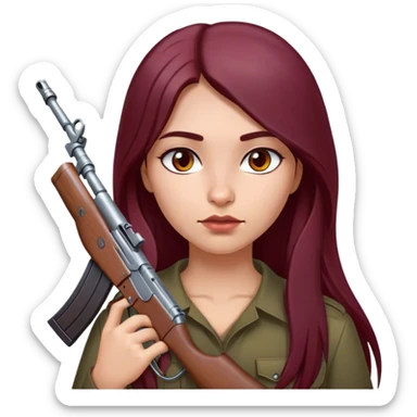 emoji of girl with an ak47 in hand with maroon dark long hair in a middle part with straight nose hazel eyes medium perfect eye brows with  a nose ring silver on the right nostril  sticker