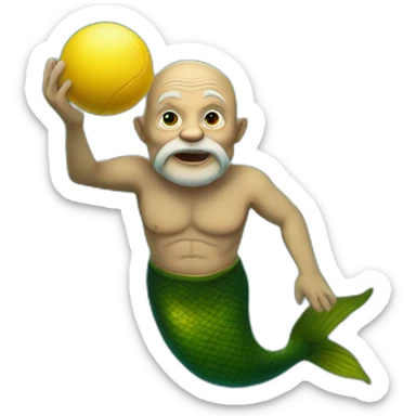Underwater old man mermaid swimming, bold with no hair, holding a small yellow ball, winning enthousiasm sticker