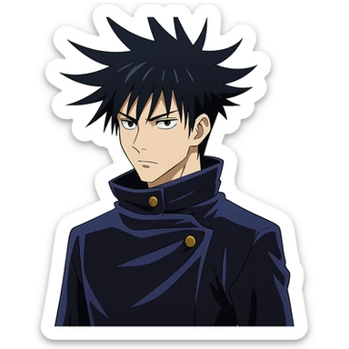 Megumi Fushiguro, spiky black hair, blue uniform, serious look, anime style sticker
