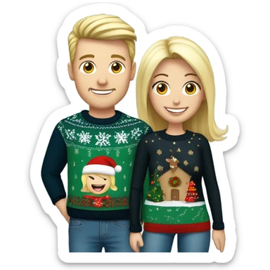 Happy white couple wearing Christmas jumper and blue jeans, man with black hair woman blonde long sticker
