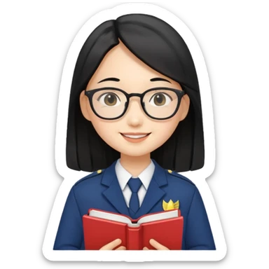 A student, asian girl, long black hair, wearing glasses, uniform, hold book in front of their chest sticker