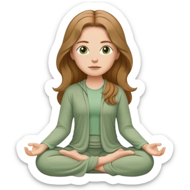 White girl, with long wavy light brown hair and hazel eyes, meditating wearing sage green sticker